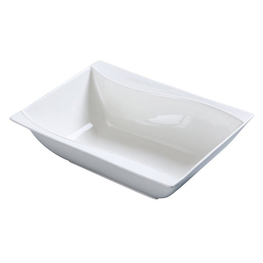 Yanco Rectangular Bowl SW-409 is a refined and versatile choice for serving soups, main course meals, and a variety of other dishes. Crafted from high-quality porcelain, it features a smooth white glaze and distinctive sea wave-shaped sides that add a touch of elegance to any dining setting. With its 25 oz size and 9-inch length, this bowl enhances food presentation while ensuring durability for frequent use.