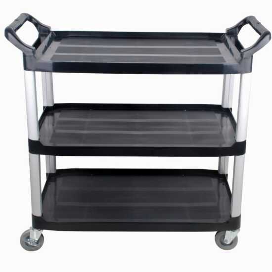 Prepline black utility trolley cart with three shelves, measuring 33 inches by 16 inches, designed for efficient transportation of kitchen supplies and catering items.