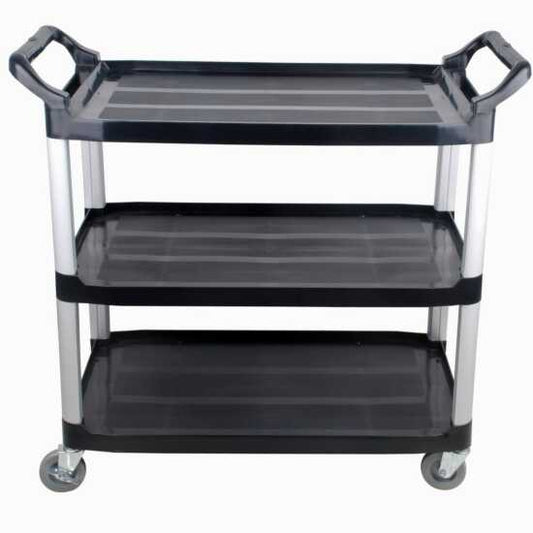 Prepline black utility trolley cart with three shelves, measuring 33 inches by 16 inches, designed for efficient transportation of kitchen supplies and catering items.