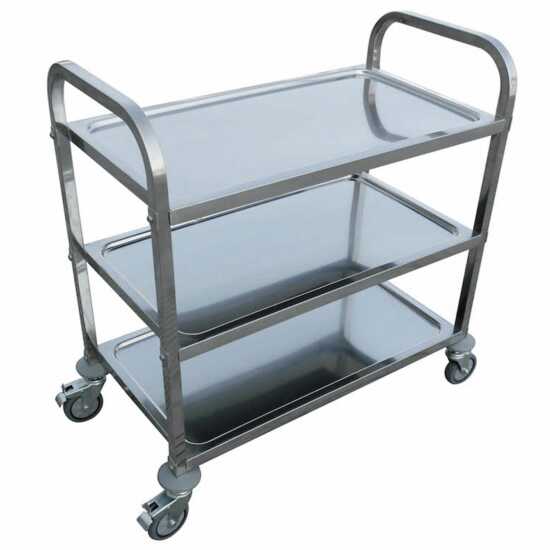 Prepline stainless steel utility trolley cart with three shelves, measuring 33 inches by 21 inches, perfect for transporting kitchen supplies and food items in commercial settings.