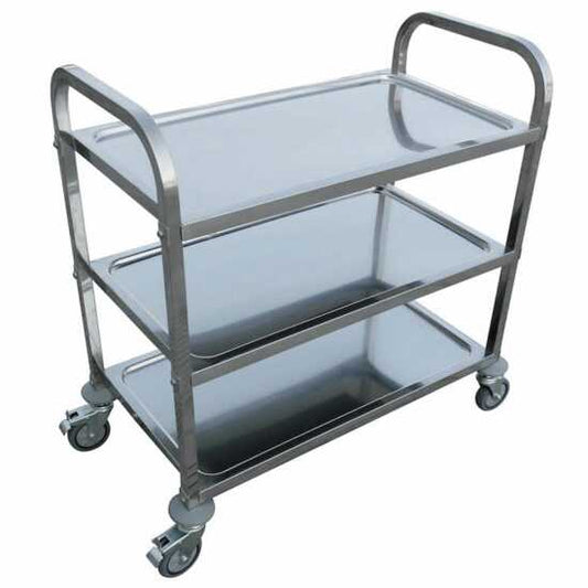 Prepline stainless steel utility trolley cart with three shelves, measuring 33 inches by 21 inches, perfect for transporting kitchen supplies and food items in commercial settings.