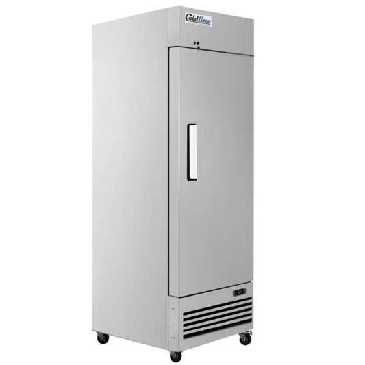 Coldline T-1RE 29" Solid Door Commercial Reach-In Refrigerator - Stainless Steel featuring a sleek stainless steel design, energy-efficient cooling, adjustable shelves, and digital temperature controls. Perfect for reliable storage of perishable goods in professional kitchens.