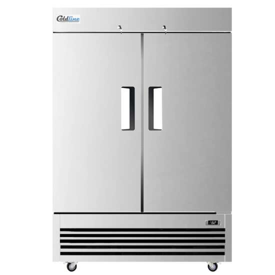 Coldline T-2RE 54" Two Solid Door Commercial Reach-In Refrigerator with a durable stainless steel exterior, energy-efficient cooling, digital temperature controls, and spacious adjustable shelving. Ideal for storing large quantities of perishables in commercial kitchens.