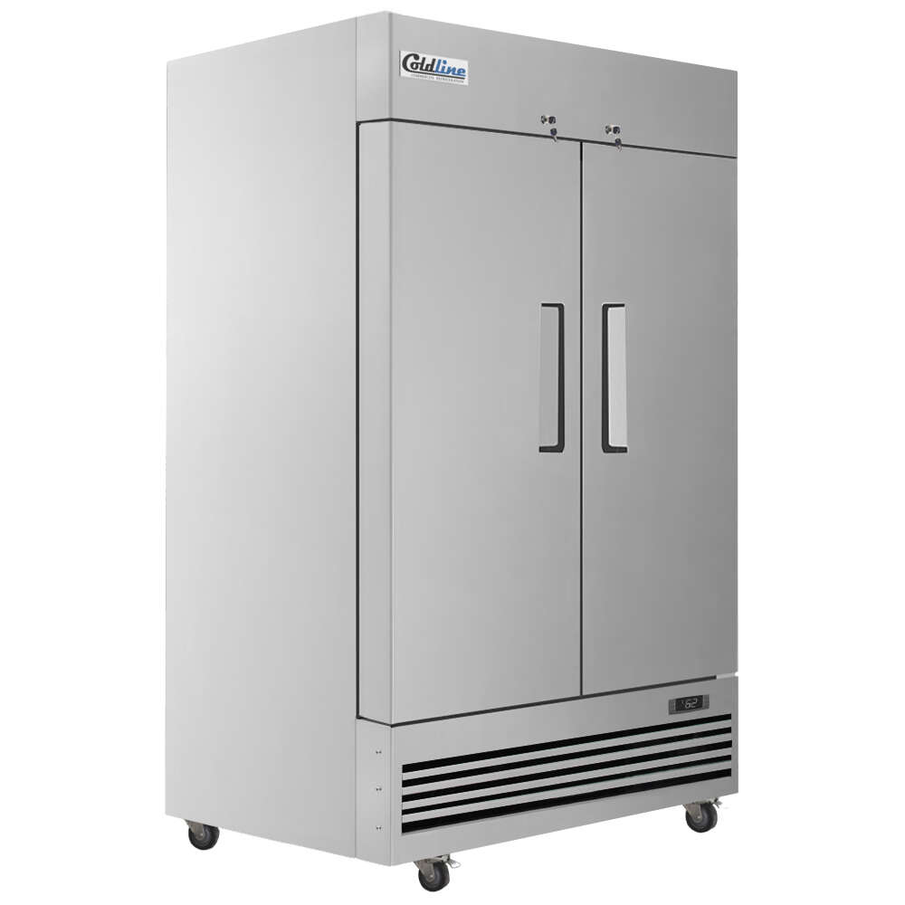Coldline T-2RE 54" Two Solid Door Commercial Reach-In Refrigerator with a durable stainless steel exterior, energy-efficient cooling, digital temperature controls, and spacious adjustable shelving. Ideal for storing large quantities of perishables in commercial kitchens.