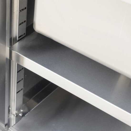 A versatile 24"D x 48"L stainless steel work table featuring an enclosed base with a sink and sliding doors, perfect for commercial kitchens, food prep areas, and efficient workspace organization.