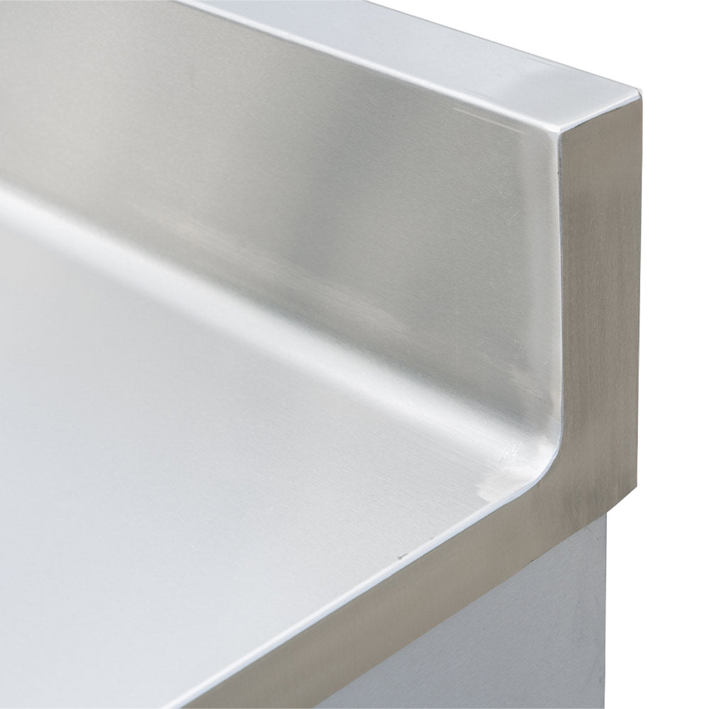 "Stainless steel work table with sink, 24"D x 72"L, featuring an enclosed base and sliding doors, ideal for food prep, cleaning, and efficient workspace organization in commercial kitchens."