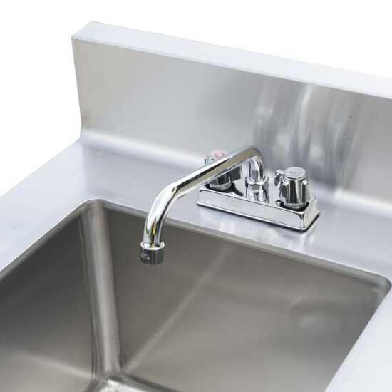 A versatile 24"D x 48"L stainless steel work table featuring an enclosed base with a sink and sliding doors, perfect for commercial kitchens, food prep areas, and efficient workspace organization.