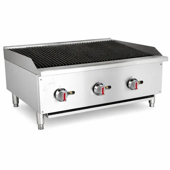 Prepline ENGC-36-N/L 36” Gas Countertop Radiant Charbroiler with 90,000 BTU output, designed for restaurants, steakhouses, cafés, and commercial kitchens. Features radiant heat technology, durable stainless steel construction, and high-performance grilling for meats, vegetables, and more.