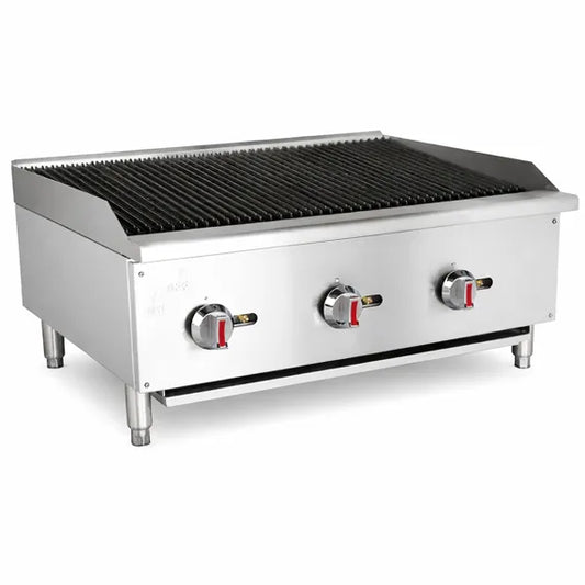 Prepline ENGC-36-N/L 36” Gas Countertop Radiant Charbroiler with 90,000 BTU output, designed for restaurants, steakhouses, cafés, and commercial kitchens. Features radiant heat technology, durable stainless steel construction, and high-performance grilling for meats, vegetables, and more.