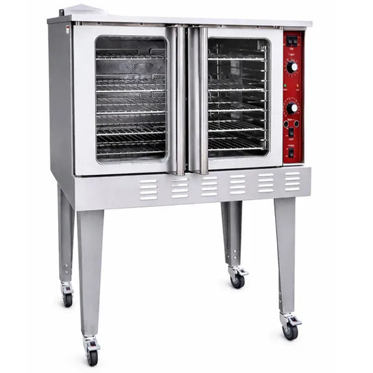 Prepline ENCVC-N-SGL Single Deck Full Size Gas Convection Oven with 54,000 BTU heating power, designed for bakeries, restaurants, cafés, and commercial kitchens. Delivers even heat distribution, reliable baking performance, and efficient cooking for high-volume foodservice operations.