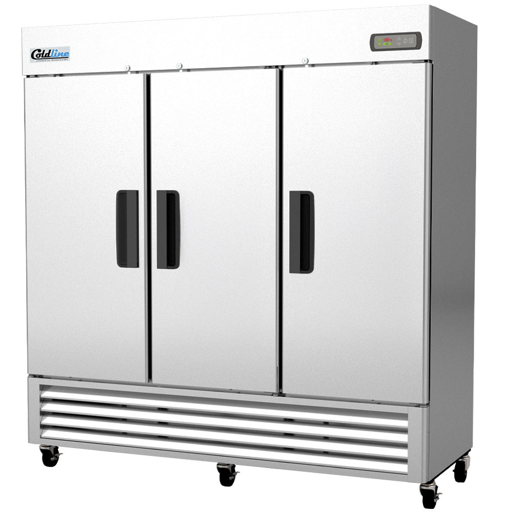 Coldline C-3RK 78-inch three solid door commercial reach-in refrigerator stainless steel for high-capacity refrigerated storage in restaurants grocery stores and commercial kitchens