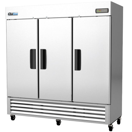 Coldline C-3RK 78-inch three solid door commercial reach-in refrigerator stainless steel for high-capacity refrigerated storage in restaurants grocery stores and commercial kitchens