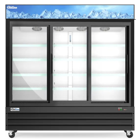 Coldline G80S-B 78-inch three glass sliding door merchandiser refrigerator with LED lighting in black, ideal for retail display of beverages and chilled products with high visibility and easy customer access.
