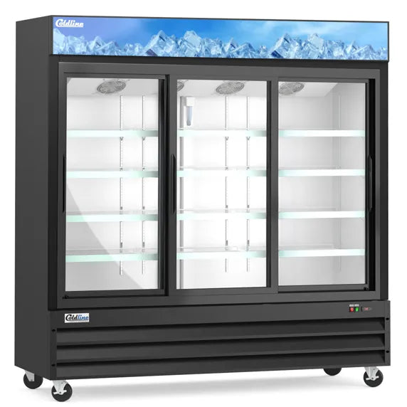 Coldline G80S-B 78-inch three glass sliding door merchandiser refrigerator with LED lighting in black, ideal for retail display of beverages and chilled products with high visibility and easy customer access.