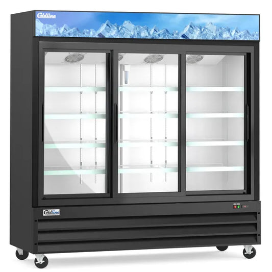 Coldline G80S-B 78-inch three glass sliding door merchandiser refrigerator with LED lighting in black, ideal for retail display of beverages and chilled products with high visibility and easy customer access.