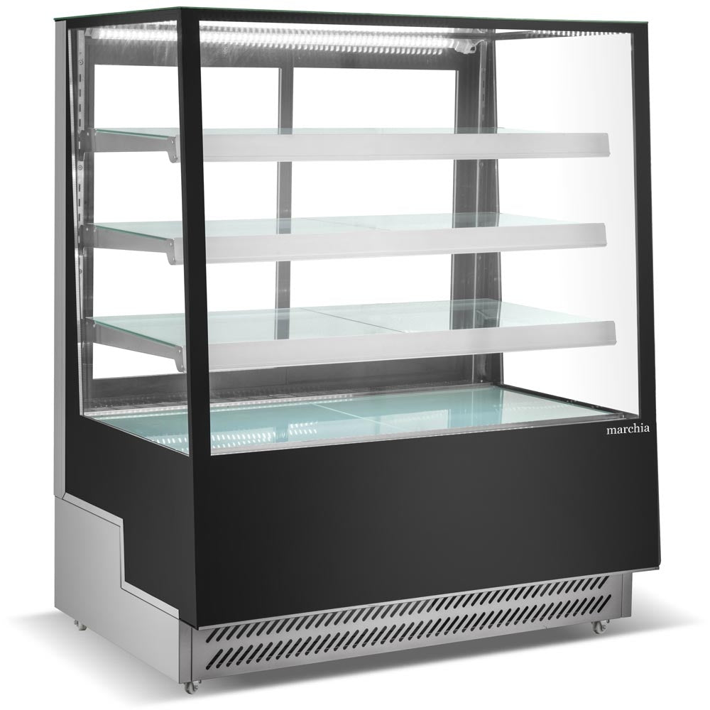 The Marchia TMB48 48-inch Refrigerated Bakery Display Case with straight glass, designed for showcasing a variety of baked goods, pastries, and desserts while keeping them fresh and at the perfect temperature. Ideal for bakeries, cafés, and delis.
