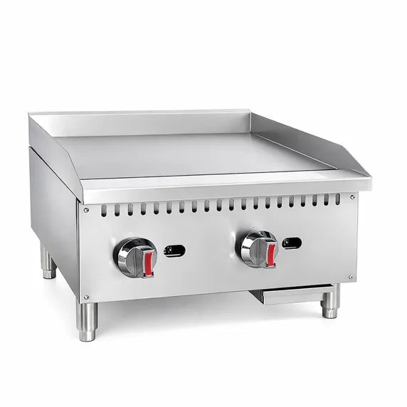 Prepline ENCTGM-24-N/L 24” Commercial Countertop Gas Griddle with Manual Controls, 60,000 BTU, designed for restaurants, cafés, and foodservice kitchens. Built for even heat distribution and high-output cooking, it features a durable stainless steel body and responsive manual temperature control for consistent griddling performance.