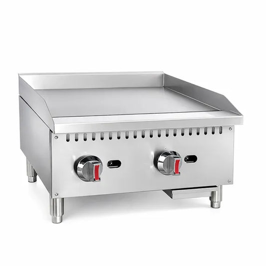 Prepline ENCTGM-24-N/L 24” Commercial Countertop Gas Griddle with Manual Controls, 60,000 BTU, designed for restaurants, cafés, and foodservice kitchens. Built for even heat distribution and high-output cooking, it features a durable stainless steel body and responsive manual temperature control for consistent griddling performance.