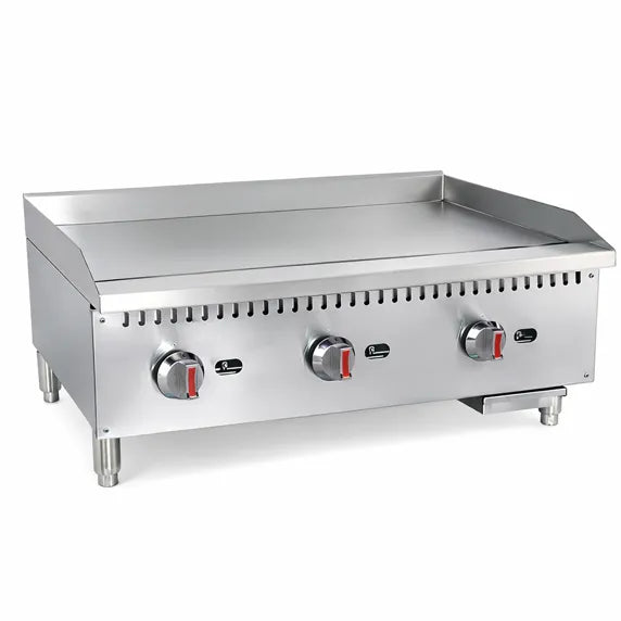 Prepline ENCTGM-36-N/L 36” Commercial Countertop Gas Griddle with Manual Controls and 90,000 BTU output, built for restaurants, diners, cafés, and commercial kitchens. Features durable stainless steel construction, even heat distribution, and precise manual controls for high-volume cooking performance.