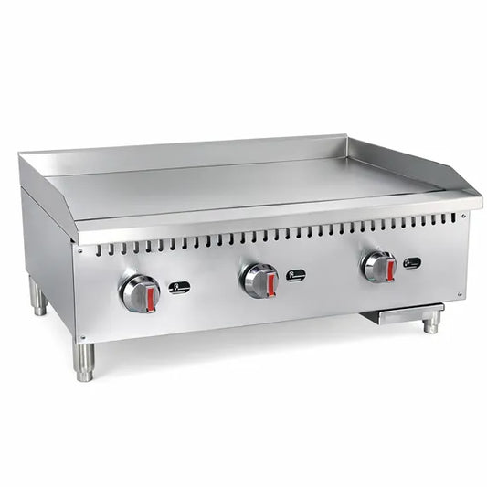 Prepline ENCTGM-36-N/L 36” Commercial Countertop Gas Griddle with Manual Controls and 90,000 BTU output, built for restaurants, diners, cafés, and commercial kitchens. Features durable stainless steel construction, even heat distribution, and precise manual controls for high-volume cooking performance.