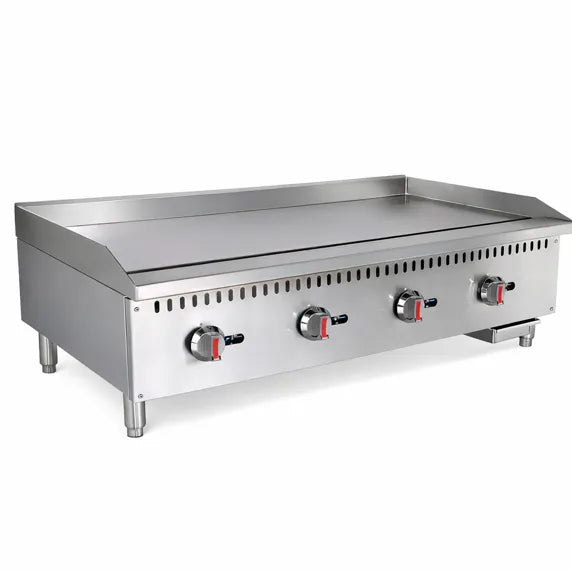 Prepline ENCTGM-48-N/L 48” Commercial Countertop Gas Griddle with manual controls, designed for restaurants, diners, cafés, and commercial kitchens. Features durable stainless steel construction, wide cooking surface, and even heat distribution for high-volume foodservice cooking performance.
