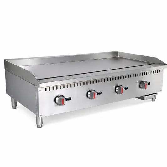 Prepline ENCTGM-48-N/L 48” Commercial Countertop Gas Griddle with manual controls, designed for restaurants, diners, cafés, and commercial kitchens. Features durable stainless steel construction, wide cooking surface, and even heat distribution for high-volume foodservice cooking performance.