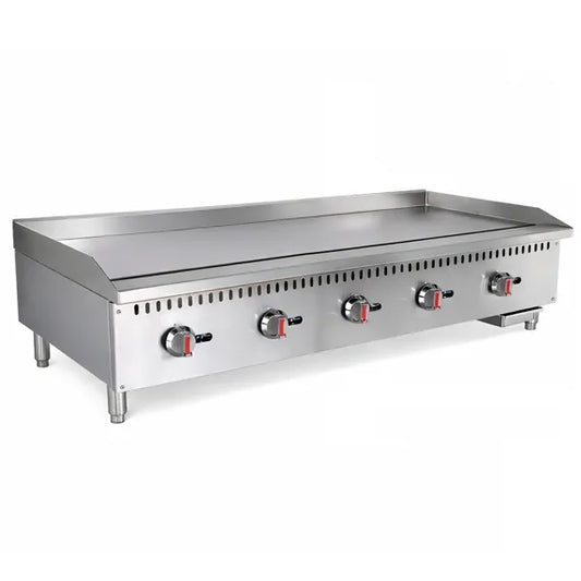 Prepline ENCTGM-60-N/L 60” Commercial Countertop Gas Griddle with manual controls, built for restaurants, diners, cafés, and commercial kitchens. Features a wide cooking surface, durable stainless steel construction, and powerful heat output for high-volume grilling and consistent cooking performance.