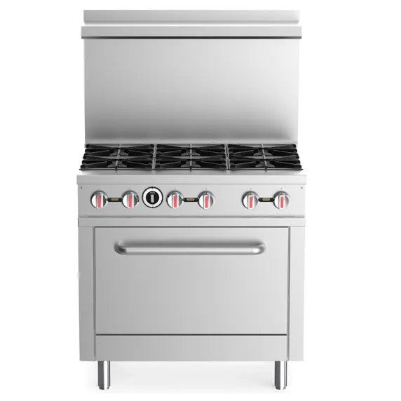 The ELITE E6-N 36" 6-Burner Range with Oven | Natural Gas is a comparable commercial gas range to the Prepline ENR6B36N, featuring six high-output burners and a standard oven base for restaurant kitchens.
