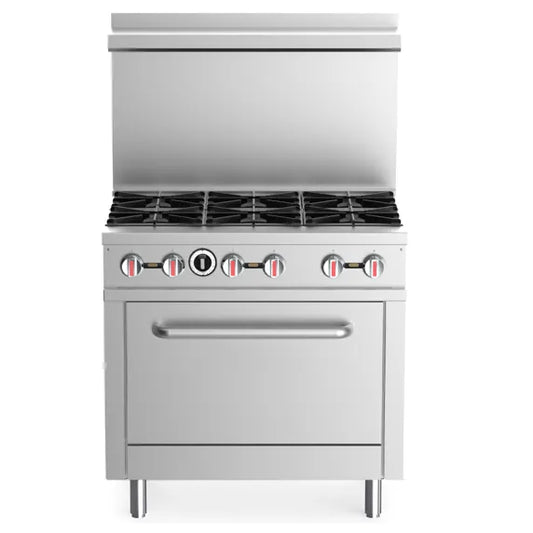 The ELITE E6-N 36" 6-Burner Range with Oven | Natural Gas is a comparable commercial gas range to the Prepline ENR6B36N, featuring six high-output burners and a standard oven base for restaurant kitchens.