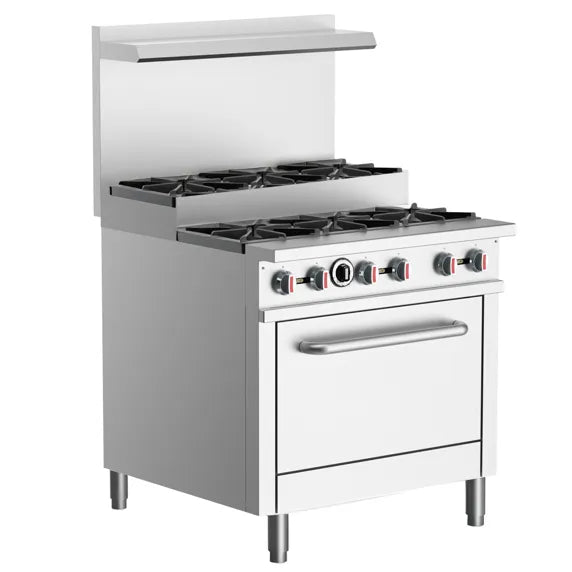 The Prepline ENER6B36TJ-N 36" Natural Gas 6 Burner Commercial Step-Up Range with Oven is a 36-inch commercial step-up gas range designed for restaurants, cafeterias, and commercial kitchens.