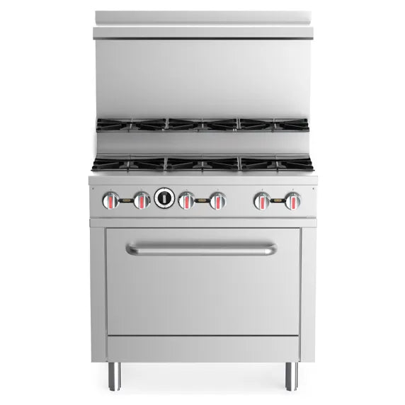 The Prepline ENER6B36TJ-N 36" Natural Gas 6 Burner Commercial Step-Up Range with Oven is a 36-inch commercial step-up gas range designed for restaurants, cafeterias, and commercial kitchens.