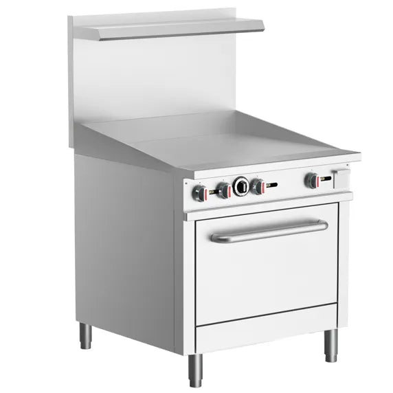 The Prepline ENR36G36-N 36" Natural Gas Commercial Range with 36" Griddle Top with Oven is designed for commercial kitchens needing a large flat-top cooking surface combined with an integrated oven.