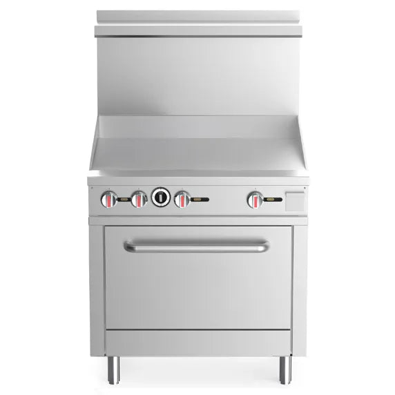 The Prepline ENR36G36-N 36" Natural Gas Commercial Range with 36" Griddle Top with Oven is designed for commercial kitchens needing a large flat-top cooking surface combined with an integrated oven.
