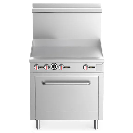 The Prepline ENR36G36-N 36" Natural Gas Commercial Range with 36" Griddle Top with Oven is designed for commercial kitchens needing a large flat-top cooking surface combined with an integrated oven.