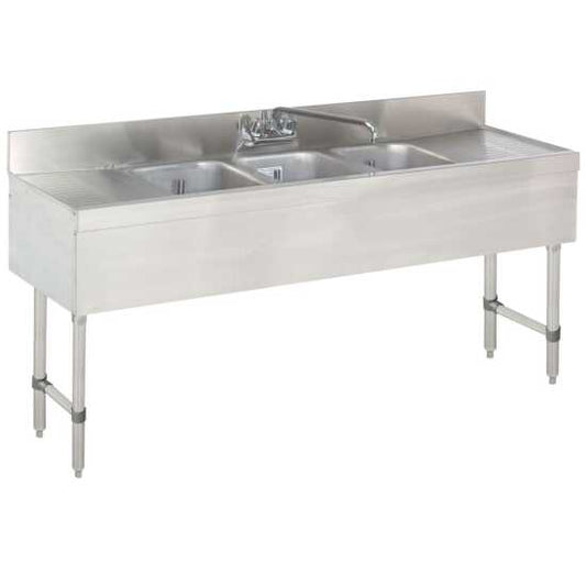 Prepline stainless steel 3 bowl underbar hand sink with faucet and two drainboards, dimensions 60" x 18