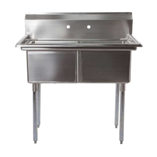 Prepline 42" stainless steel two-compartment commercial sink with spacious 18" x 18" bowls. Designed for heavy-duty use in commercial kitchens, it ensures durability, ample space for washing, and efficient workflow in food preparation and cleaning tasks.