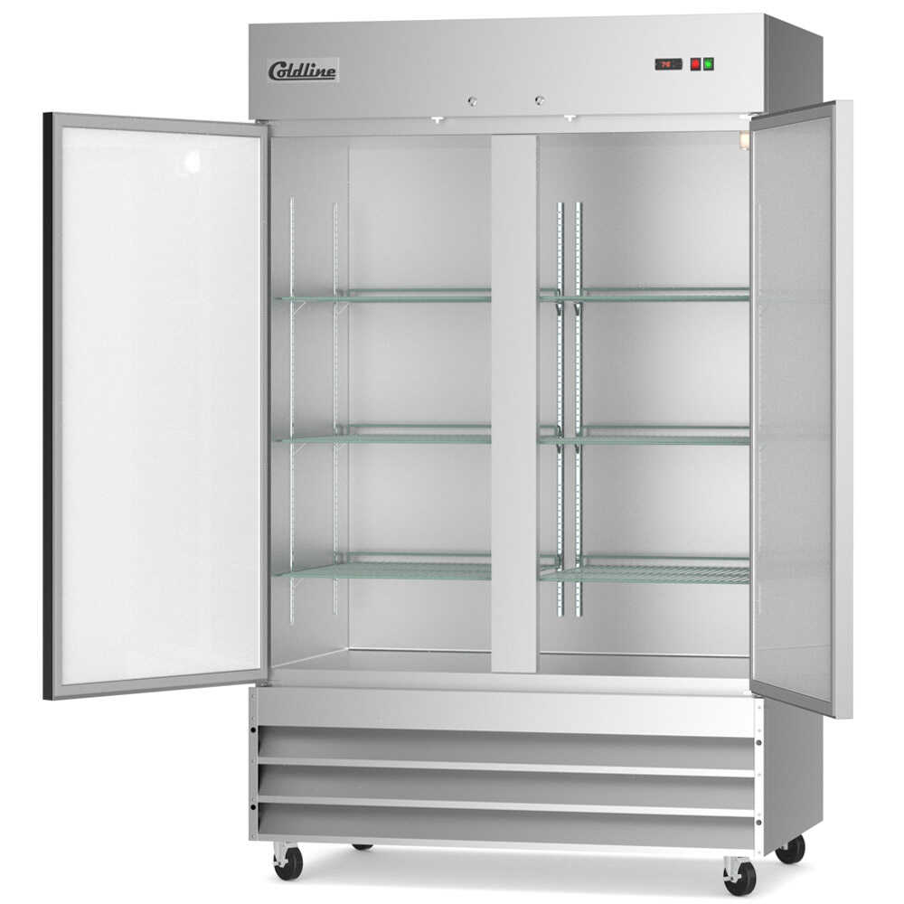 Two-door 54-inch reach-in freezer with a 32-inch depth, stainless steel interior and exterior, and a 41.3 cubic foot storage capacity.
