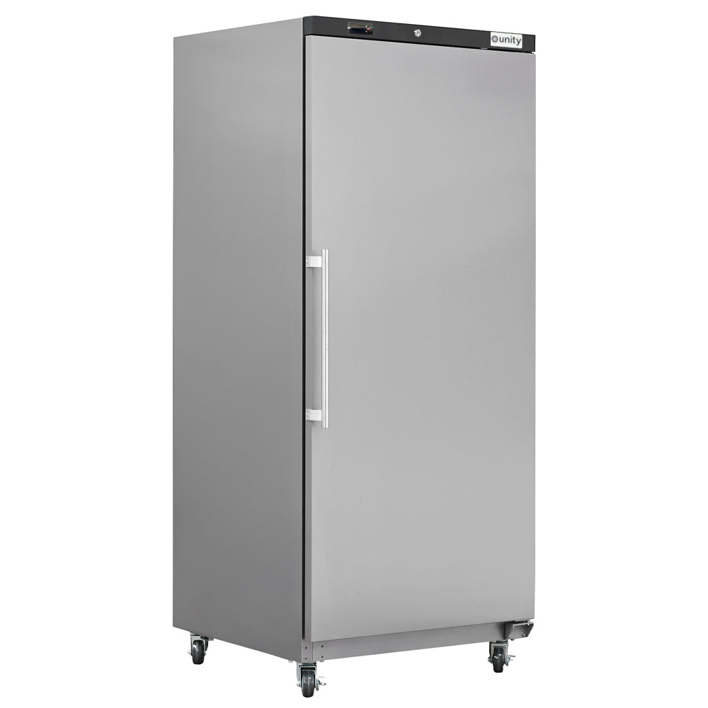 Unity U-22FE 31-inch economy solid door commercial reach-in freezer features durable stainless steel construction, user-friendly digital temperature controls, adjustable interior shelves, and eco-friendly refrigerant, ideal for restaurants, cafes, and commercial food storage.