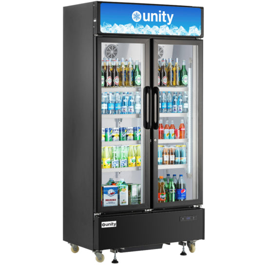 Unity U-40M 39-inch two-glass door merchandiser refrigerator with energy-efficient LED lighting, adjustable heavy-duty shelves, digital temperature control, and eco-friendly R290 refrigerant, ideal for displaying beverages and perishables in commercial settings.