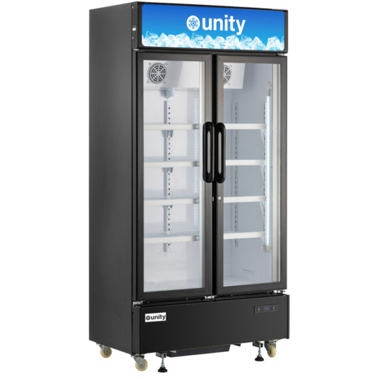 Unity U-40M 39-inch two-glass door merchandiser refrigerator with energy-efficient LED lighting, adjustable heavy-duty shelves, digital temperature control, and eco-friendly R290 refrigerant, ideal for displaying beverages and perishables in commercial settings.