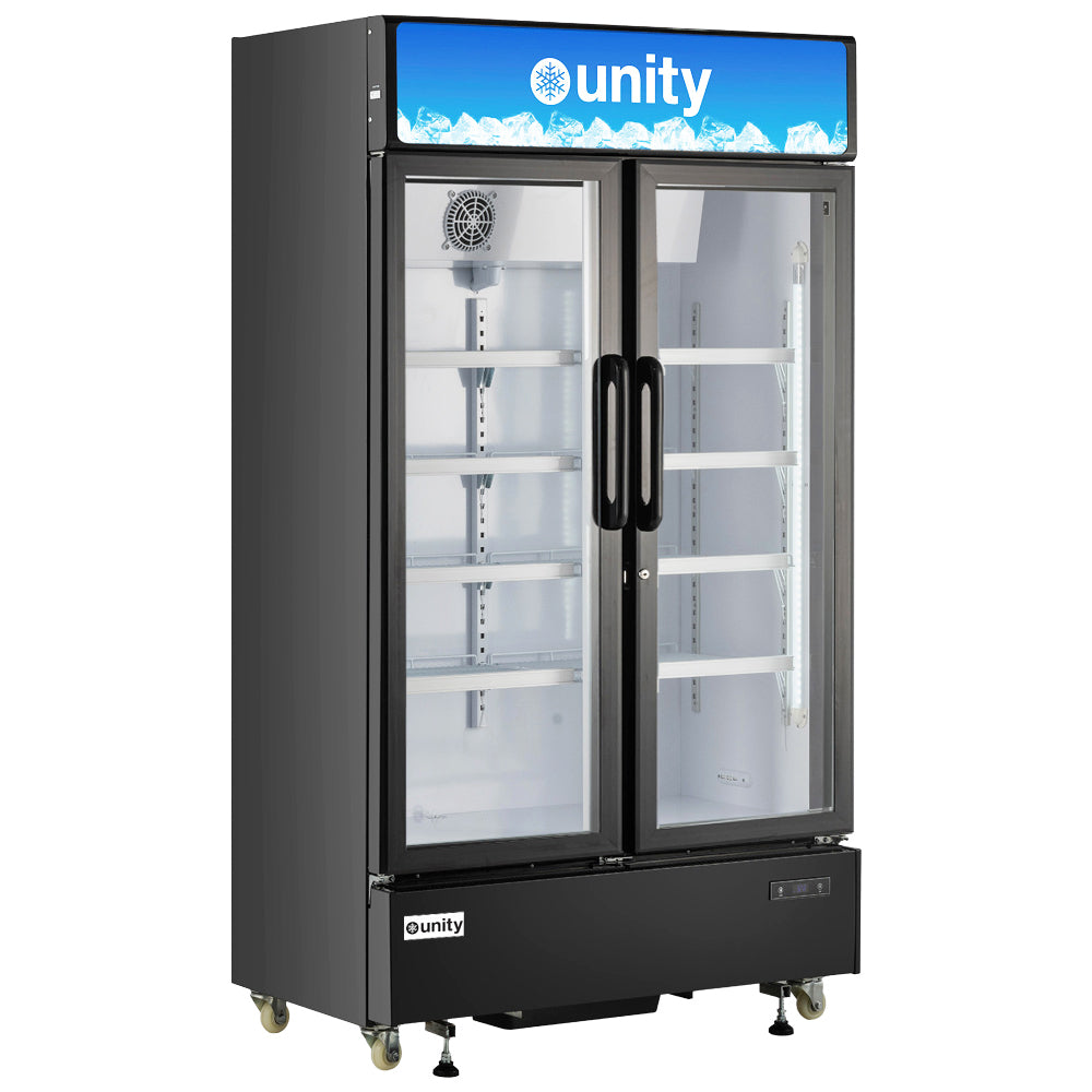 Unity U-48M 47-inch two-glass door merchandiser refrigerator with energy-efficient LED lighting, adjustable heavy-duty shelves, digital temperature control, and eco-friendly R290 refrigerant, ideal for showcasing beverages and perishables in commercial settings.