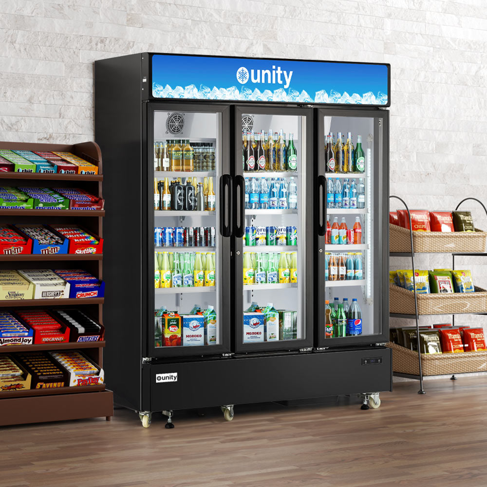 Unity U-72M 71-inch three-glass door merchandiser refrigerator with energy-efficient LED lighting, adjustable heavy-duty shelves, digital temperature control, and eco-friendly R290 refrigerant, ideal for showcasing beverages and perishables in commercial settings.