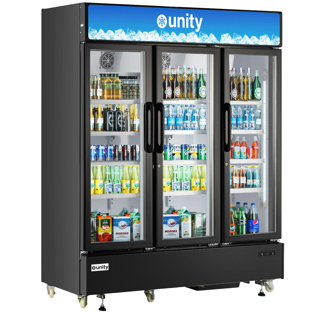 Unity U-72M 71-inch three-glass door merchandiser refrigerator with energy-efficient LED lighting, adjustable heavy-duty shelves, digital temperature control, and eco-friendly R290 refrigerant, ideal for showcasing beverages and perishables in commercial settings.