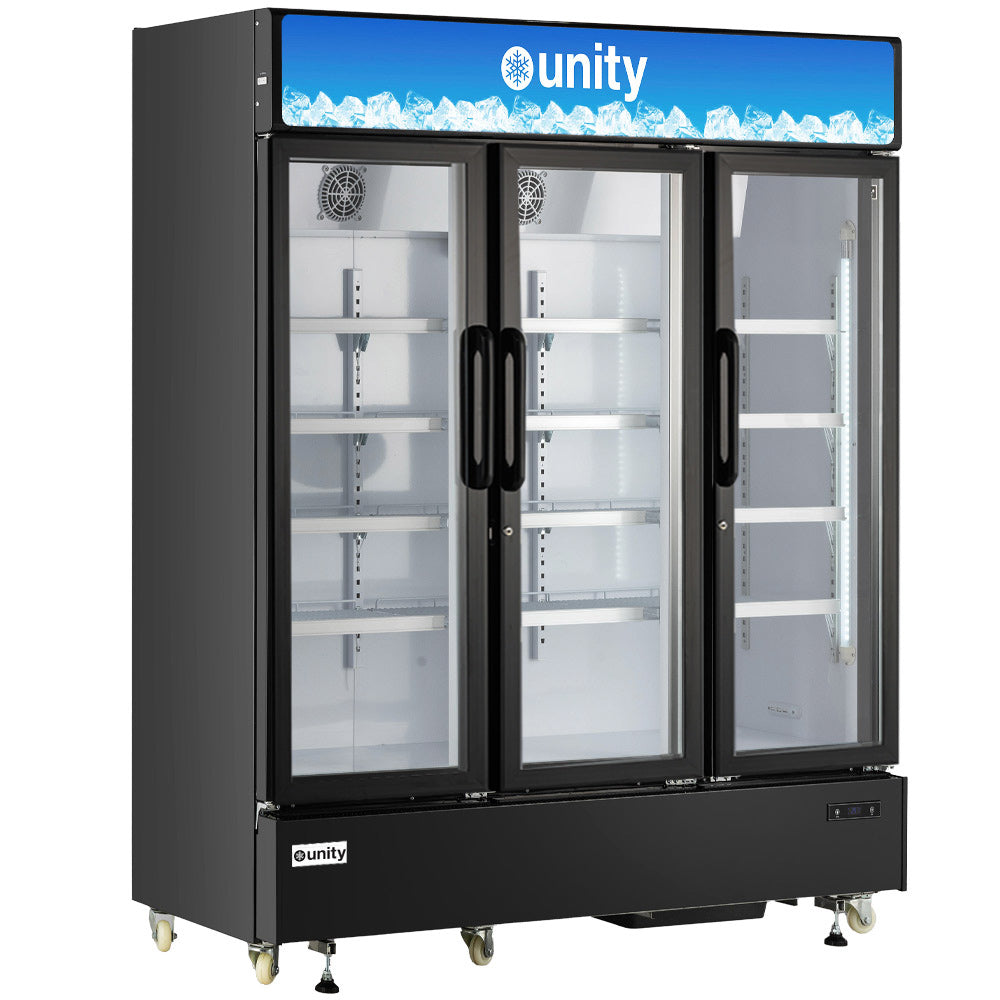 Unity U-72M 71-inch three-glass door merchandiser refrigerator with energy-efficient LED lighting, adjustable heavy-duty shelves, digital temperature control, and eco-friendly R290 refrigerant, ideal for showcasing beverages and perishables in commercial settings.