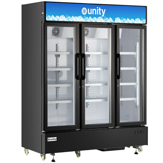 Unity U-72M 71-inch three-glass door merchandiser refrigerator with energy-efficient LED lighting, adjustable heavy-duty shelves, digital temperature control, and eco-friendly R290 refrigerant, ideal for showcasing beverages and perishables in commercial settings.