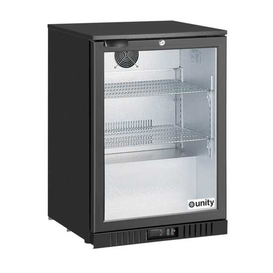 24-inch countertop swing door merchandising bar cooler, designed for compact spaces. Ideal for showcasing beverages with clear visibility and easy access, perfect for bars, cafes, or small retail setups.