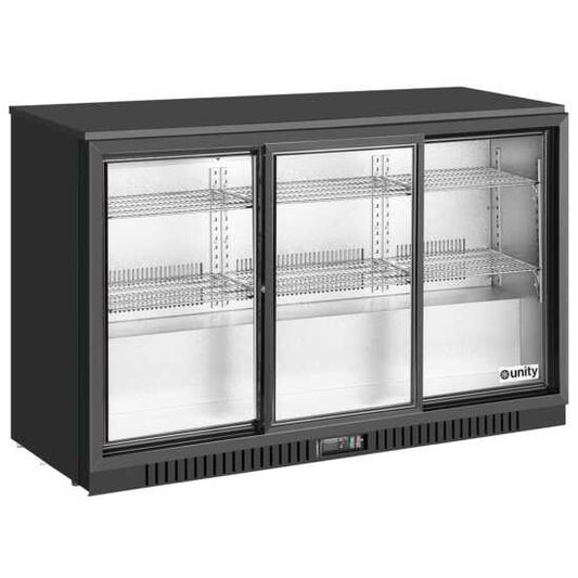 54-inch three sliding door merchandising bar cooler, offering ample storage and easy access to beverages. Ideal for bars, cafes, or retail spaces, with a sleek design for efficient product display.