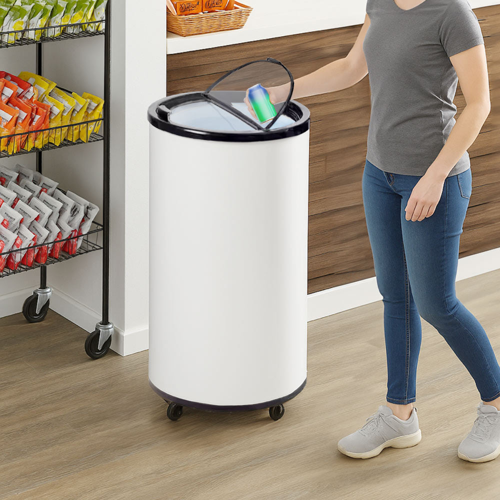White cold drink barrel merchandiser refrigerator with a 2 cu. ft. capacity, designed for displaying and cooling beverages. Ideal for retail or event spaces, offering a compact, eye-catching display.