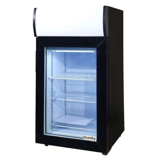 Unity U-CF1 18" Black Glass Swing Door Countertop Display Freezer with a top-lit header, 1.8 cu. ft. capacity, energy-efficient design, and adjustable shelves. Ideal for showcasing frozen products in compact retail or commercial spaces.