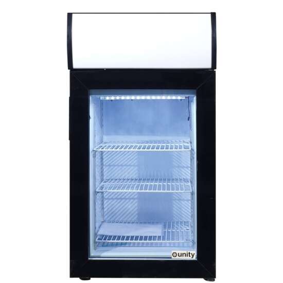 Unity U-CF1 18" Black Glass Swing Door Countertop Display Freezer with a top-lit header, 1.8 cu. ft. capacity, energy-efficient design, and adjustable shelves. Ideal for showcasing frozen products in compact retail or commercial spaces.